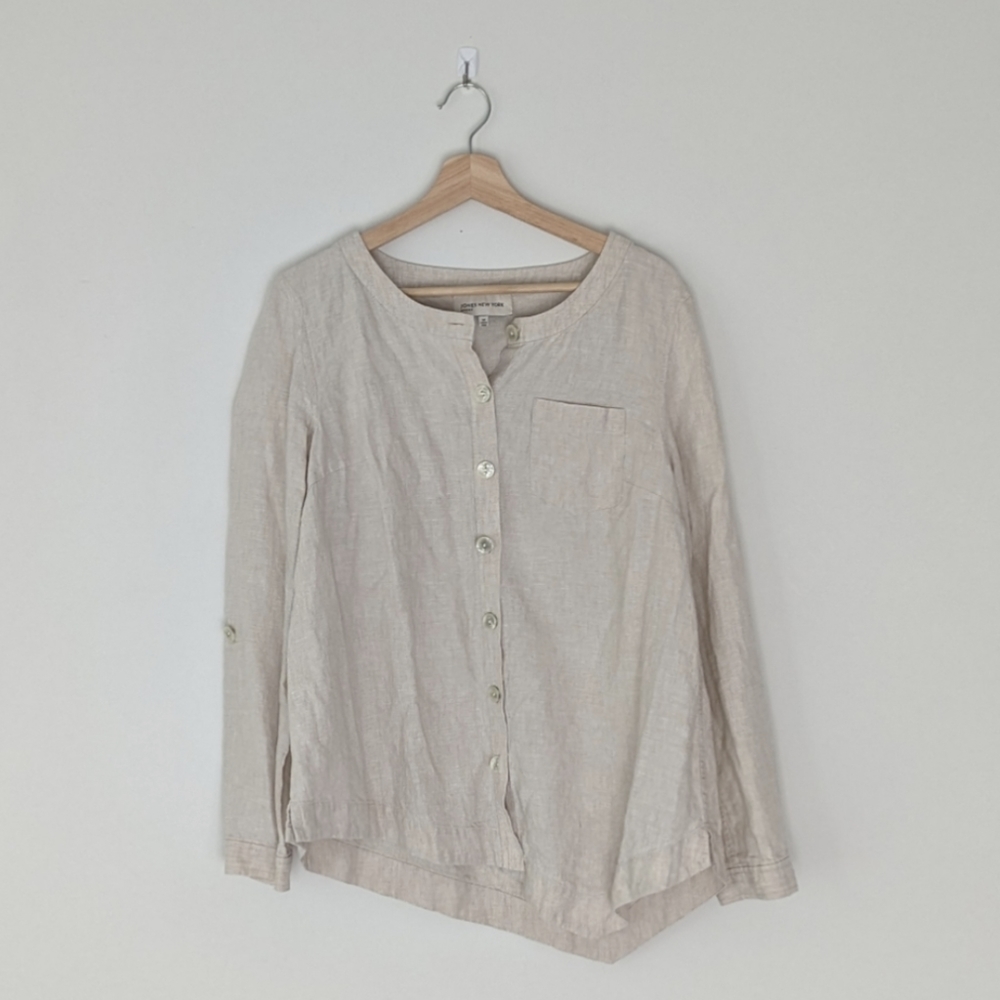 Jones New York Oatmeal Linen Asymmetrical Lagenlook Button Down Shirt